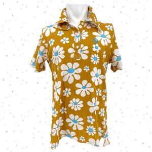 Big Bud Press Lazy Daisy Short Sleeve Unisex Polo Mustard Tan White Blue Size L